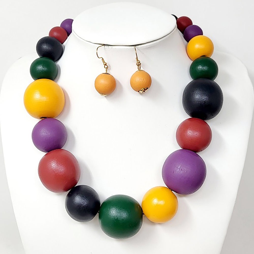 Multicolored Wooden Ball Beaded Statement Necklace Set